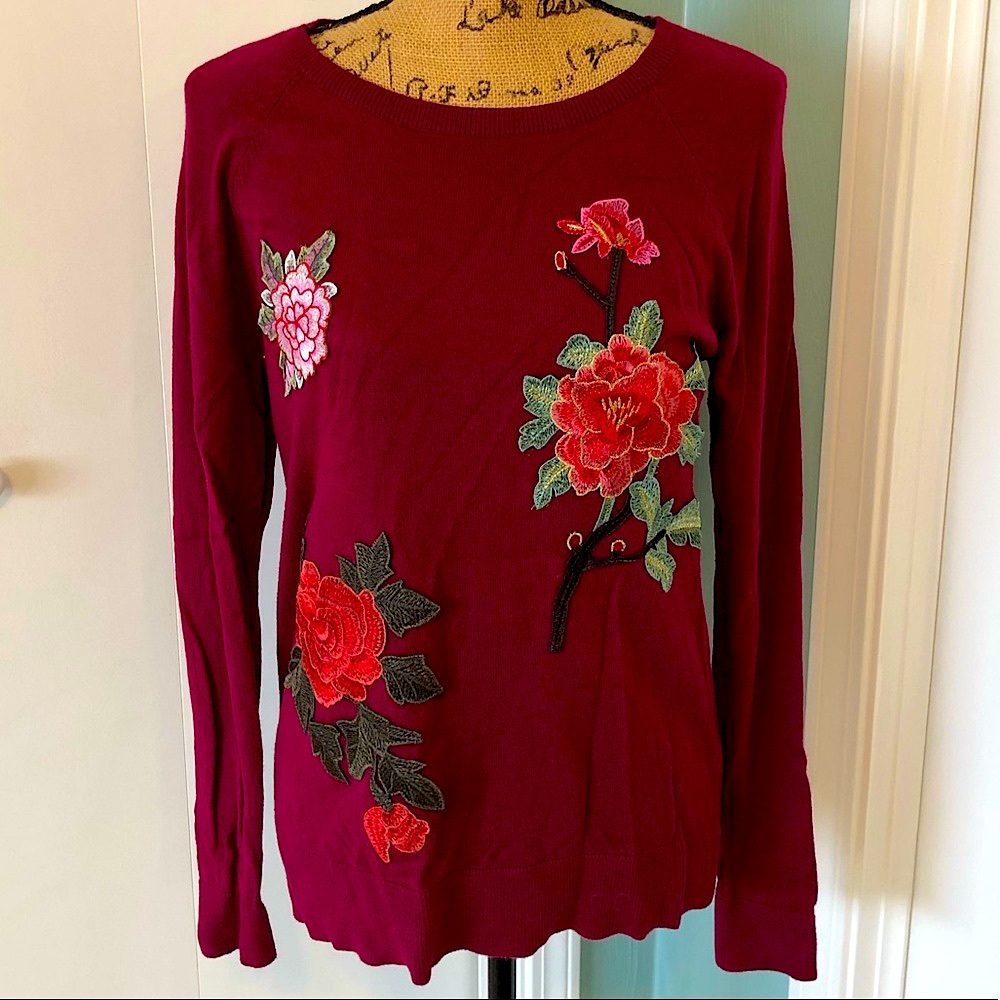 Unique floral appliqué fall crewneck sweater Cabincore maroon leaves